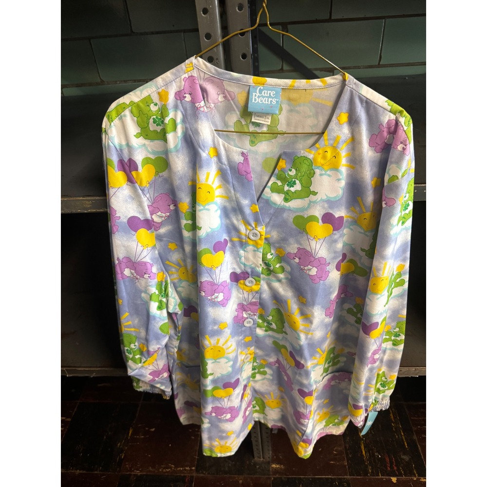 Care Bears Womens Scrub Top Blue Long Sleeve Button Front Plus Size 3XL C4535OX